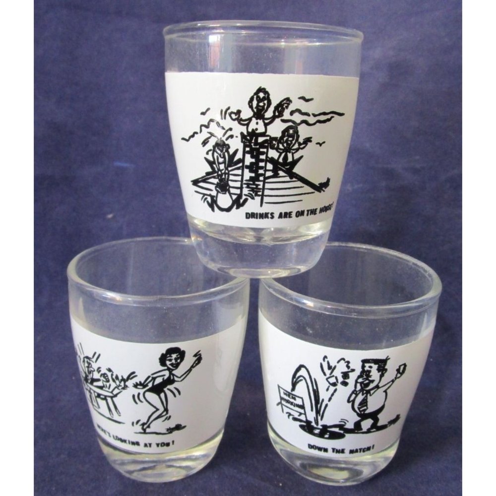 Inappropriate Bad Boy Cartoon Shot Glasses Vintage Anchor Hocking Three IOP